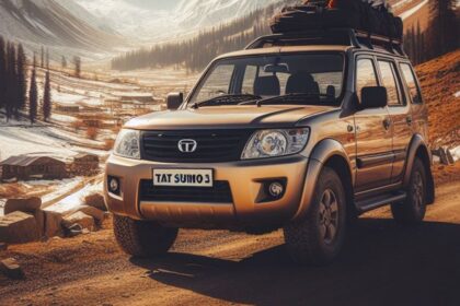 Here is image of Golden colour Tata Sumo Gold with beautifull background of Mountains