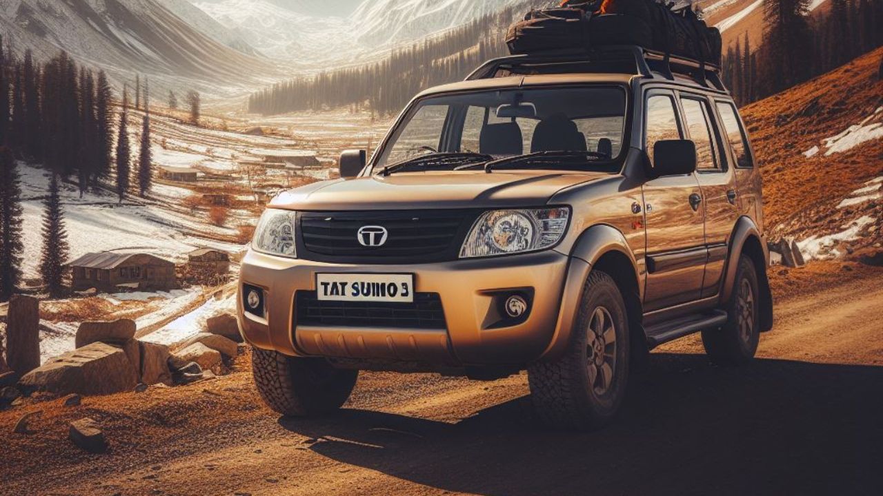 Here is image of Golden colour Tata Sumo Gold with beautifull background of Mountains