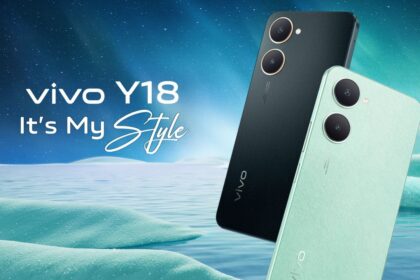 Vivo Y18 in mint and black color infront of stylish background with some written text