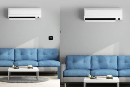 Voltas AC putted on wall and at floor there is one blue sofa in both frame