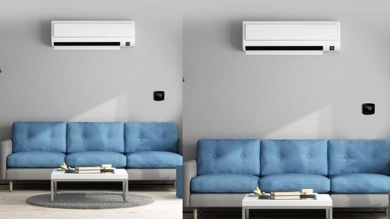Voltas AC putted on wall and at floor there is one blue sofa in both frame