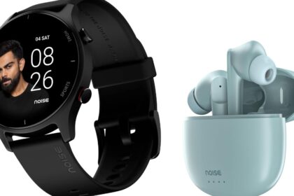 earbus in mint color and smartwatch in black color infront of plain white background