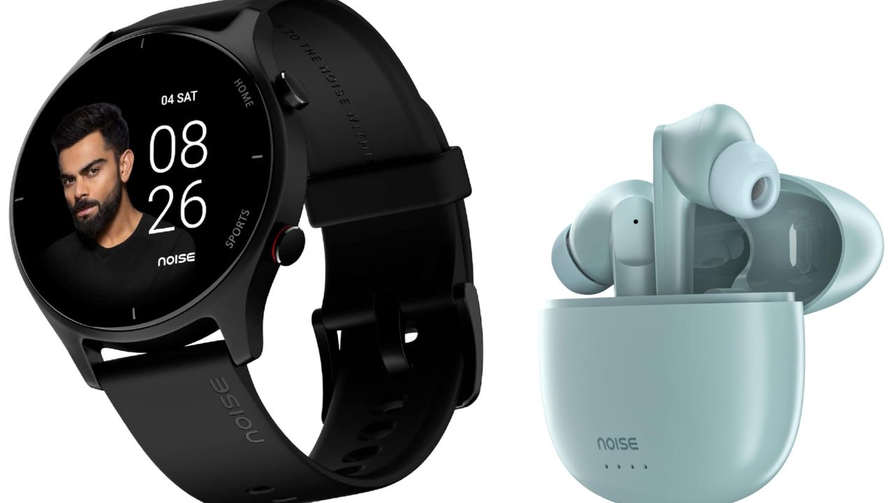 earbus in mint color and smartwatch in black color infront of plain white background