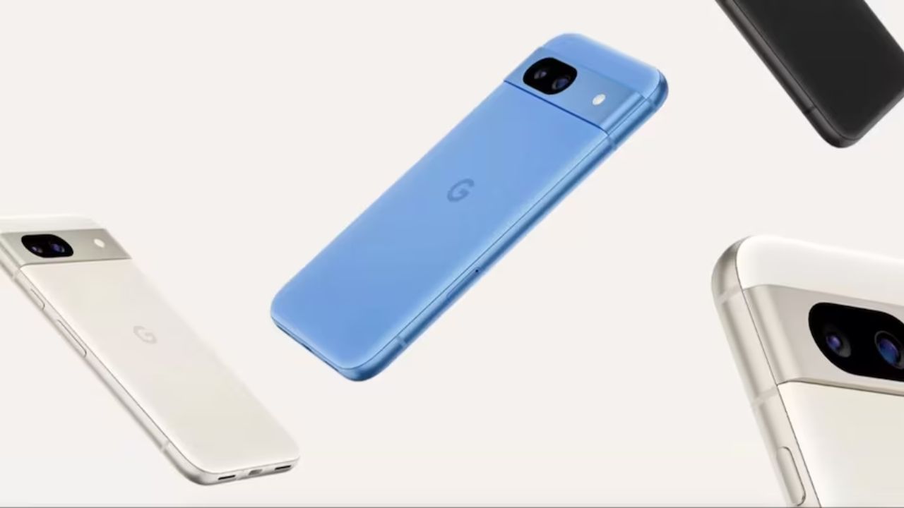 google pixel 8a in blue white and black color infront of plain white background