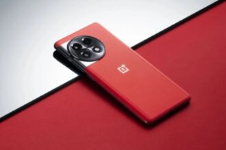 onePlus 11R in red color infront of red and silver color background