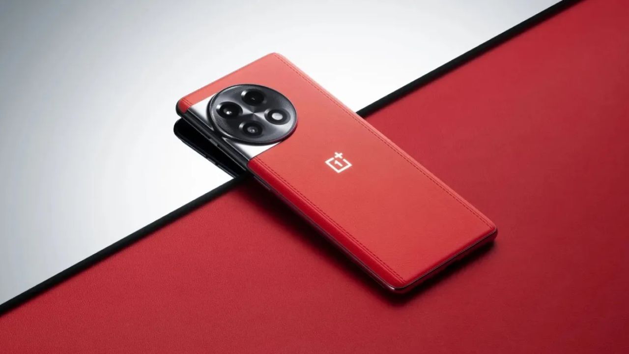 onePlus 11R in red color infront of red and silver color background