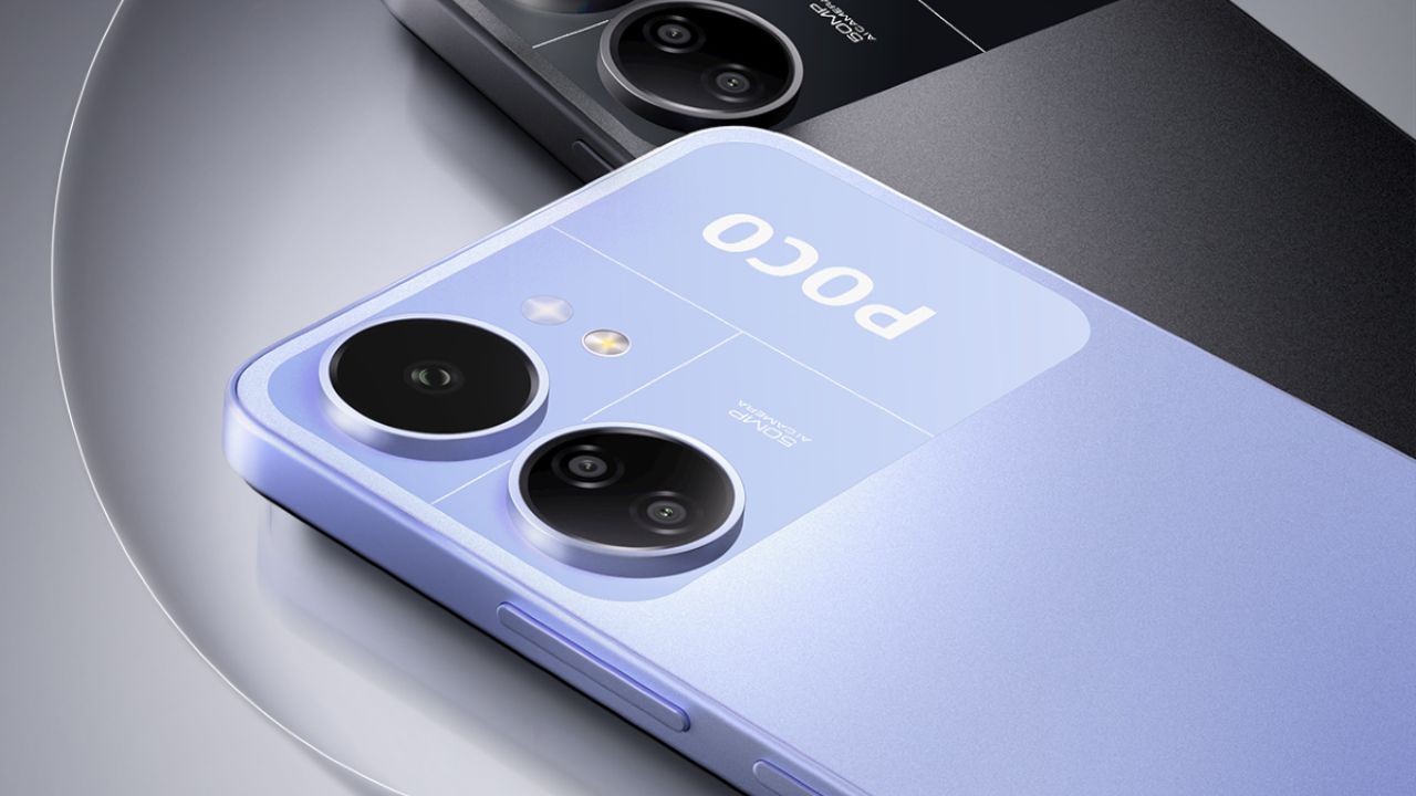poco c65 in blue and black color infront of grey designed background