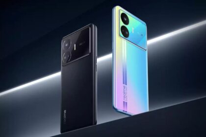 realme GT Neo6 in black and shining blue color infront of white and dark black background