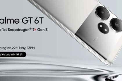 realme gt 6t in silver color on silver color background with written launching details