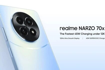 realme narzo 70x in blue color infront light blue background with some written text