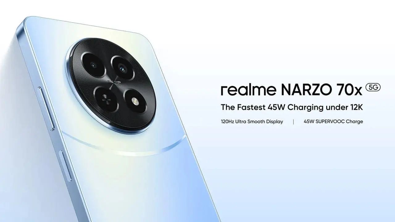 realme narzo 70x in blue color infront light blue background with some written text