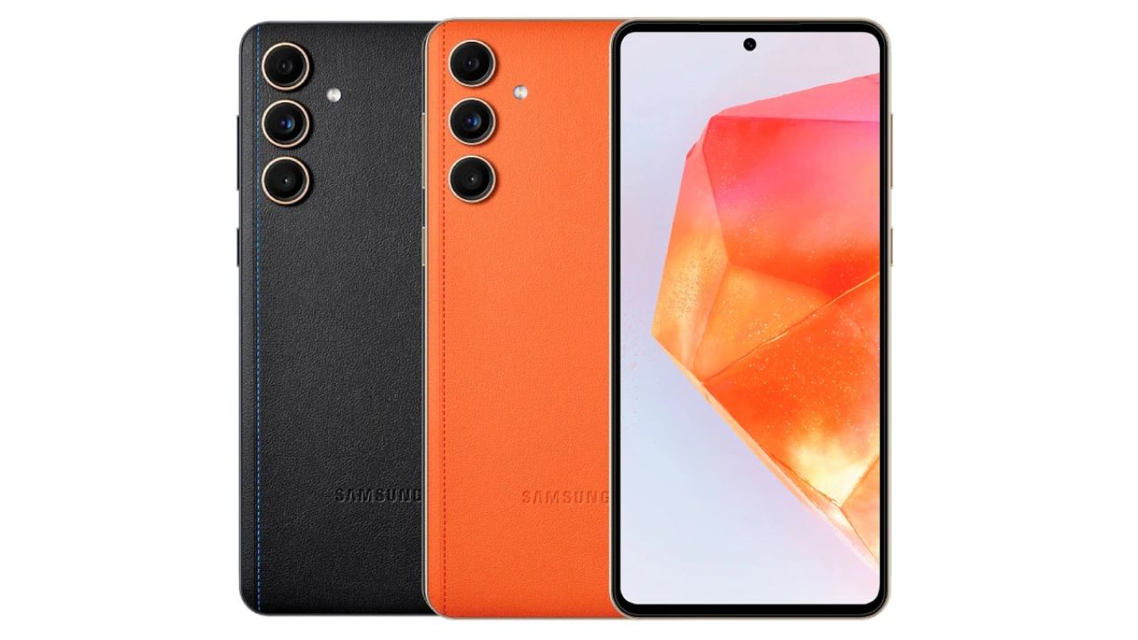 samsung galaxy f55 5g in black orange with front and back look infront of plain white background