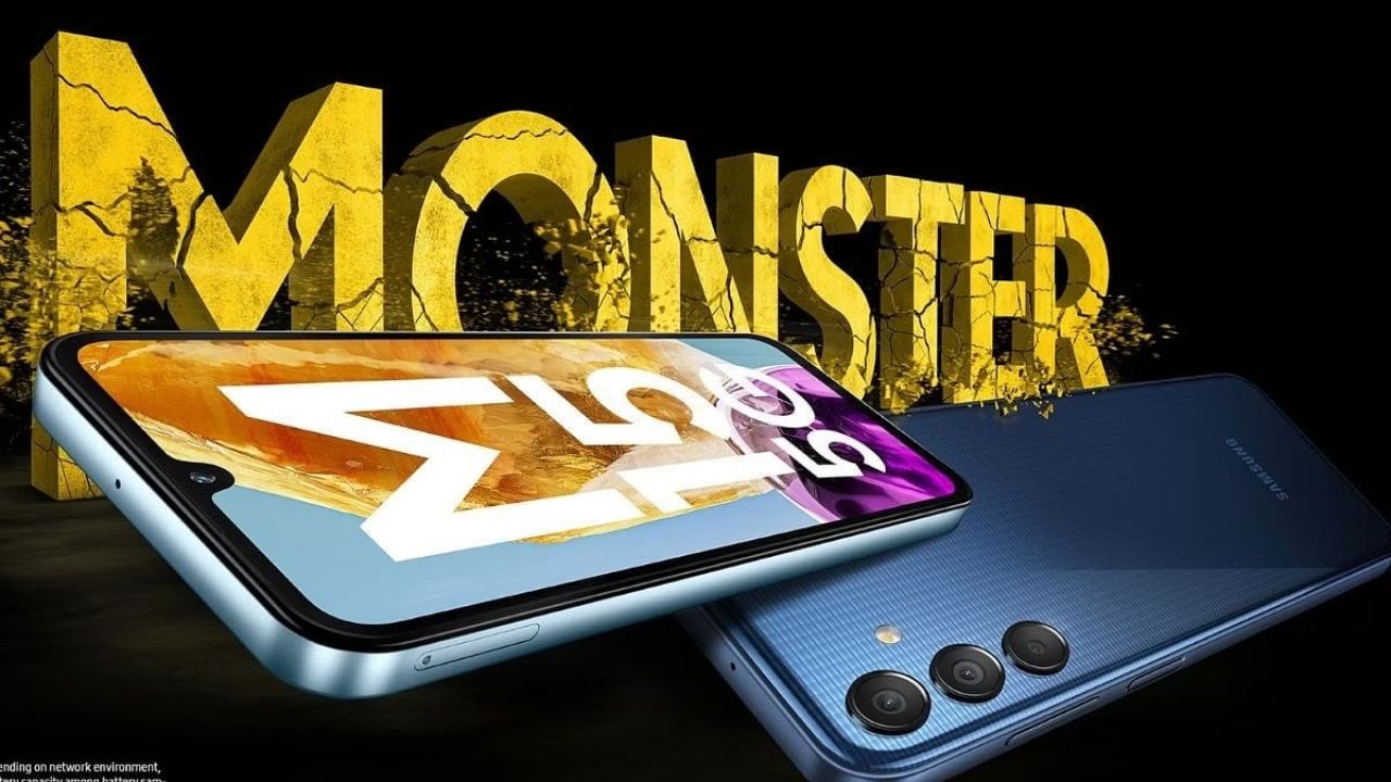 samsung galaxy m15 5g in blue color with front and back look on black ground in which Monster written in yellow color