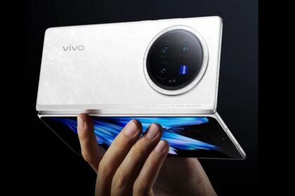 vivo x fold 3 pro in blue and white color infront of dark black background