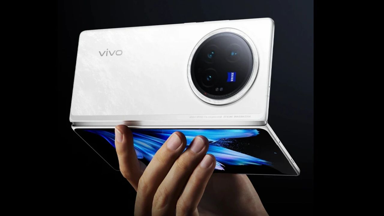 vivo x fold 3 pro in blue and white color infront of dark black background